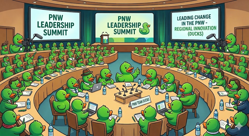 Green rubber ducks around tables attending a PNW leadership summit.