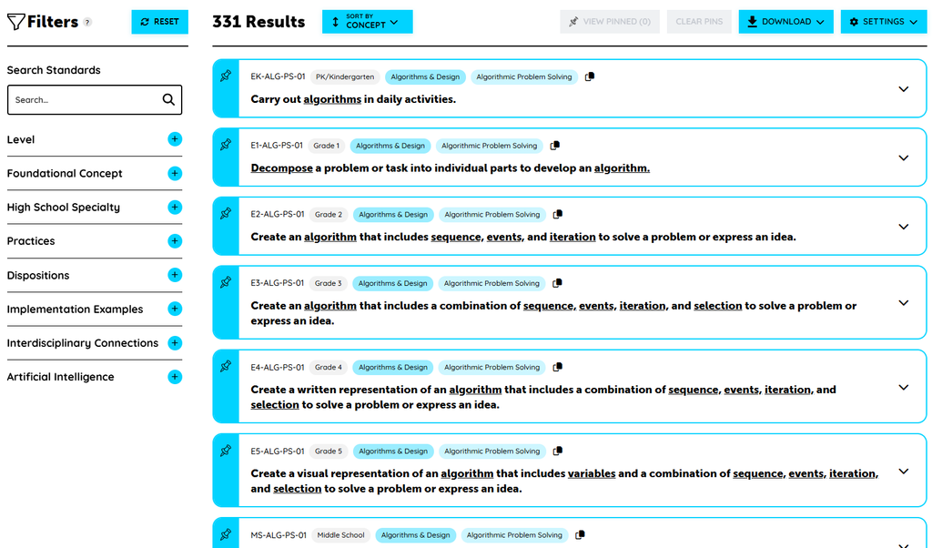 Screen shot of 2026 PK-12 CS Standards web version